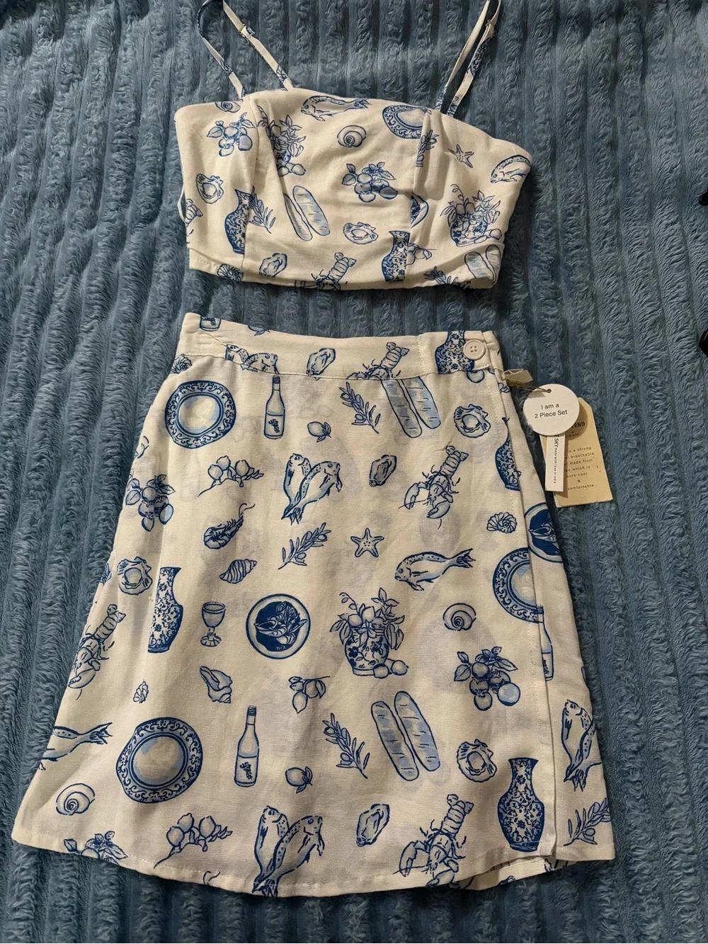 White Two-Piece Crop Top & Skirt Set with Blue Toile Print